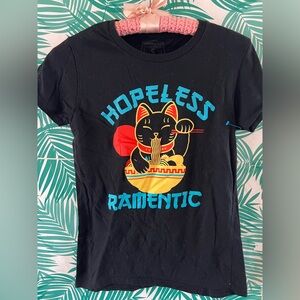 Snorg tees Hopeless “Ramen”tic black graphic tee w/ cat eating ramen sz S